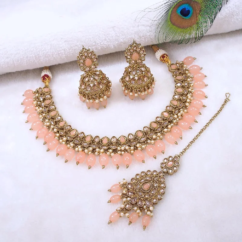 Women’s minimalist gold necklaces-Mangalmani Jewels Gold Plated Crystal Stone Pearl And Beads Necklace Set