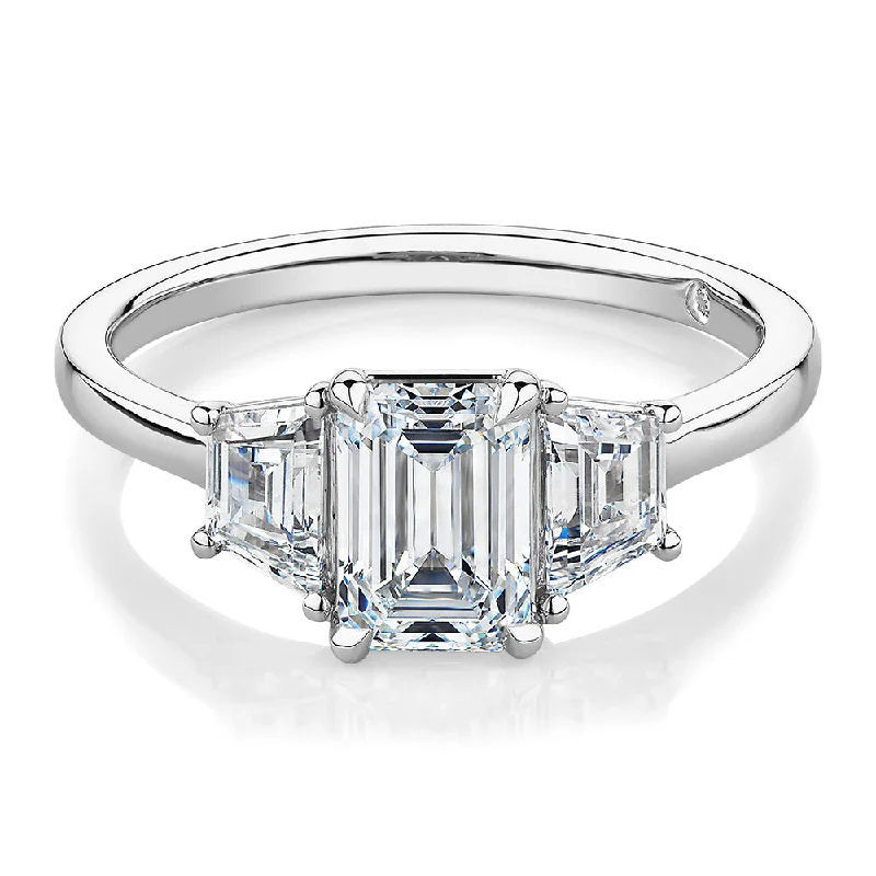 Women’s moonstone rings-Signature Simulant Diamond 1.87 carat* TW emerald cut three stone ring in 14 carat white gold