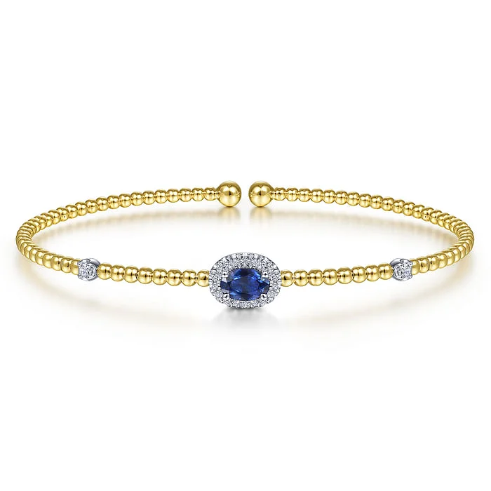 Women’s chunky bracelet-14K White-Yellow Gold Bujukan Bead Cuff Bracelet with Sapphire and Diamond Halo Station