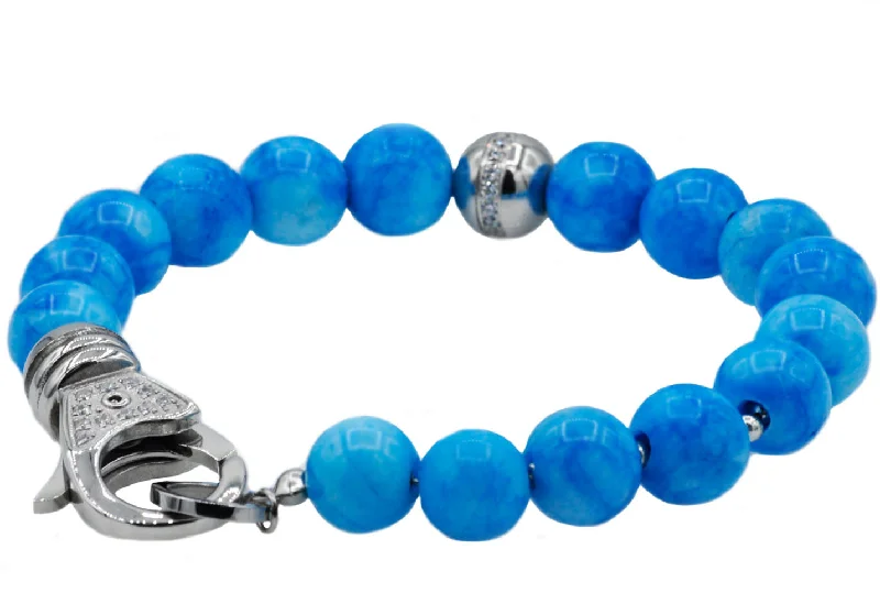 Women’s birthstone bangles-Mens Stainless Steel And Larimar Bead Bracelet With Cubic Zirconia