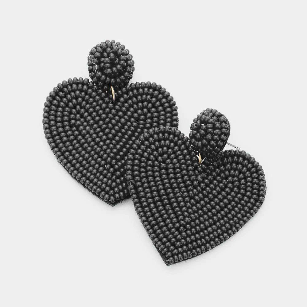 Women’s drop earrings-Beaded Earrings, Black Hearts