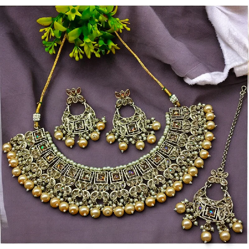 Women’s statement gold necklaces-Gehana Mahal Gold Plated Crystal Stone Pearl And Beads Necklace Set