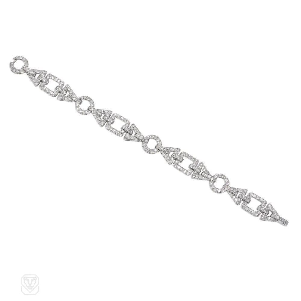 Women’s wedding cuff bracelet-French Art Deco diamond and platinum geometric link bracelet