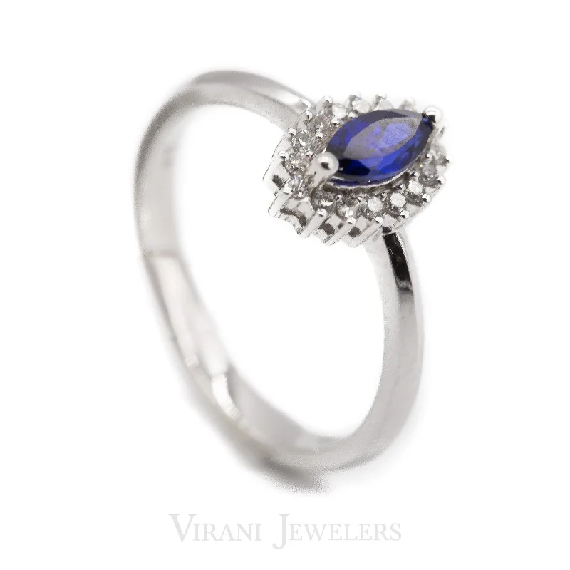 Women’s fancy rings-Marquise Cut Sapphire Ring Set in 14K White Gold W/ 0.12CT Diamonds