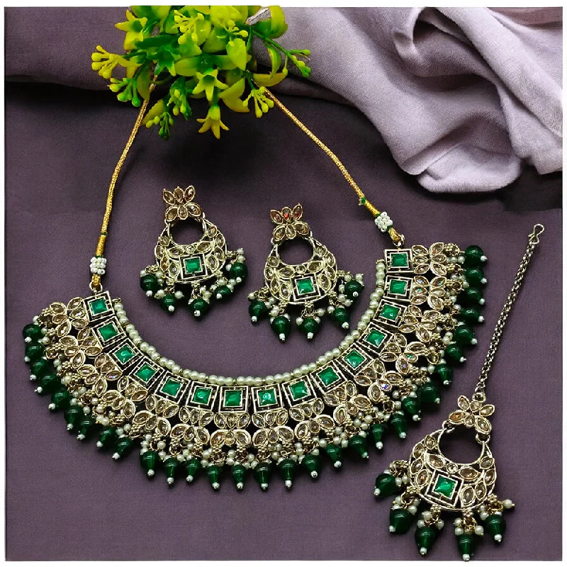 Women’s silver statement necklaces-Gehana Mahal Gold Plated Crystal Stone Pearl And Beads Necklace Set