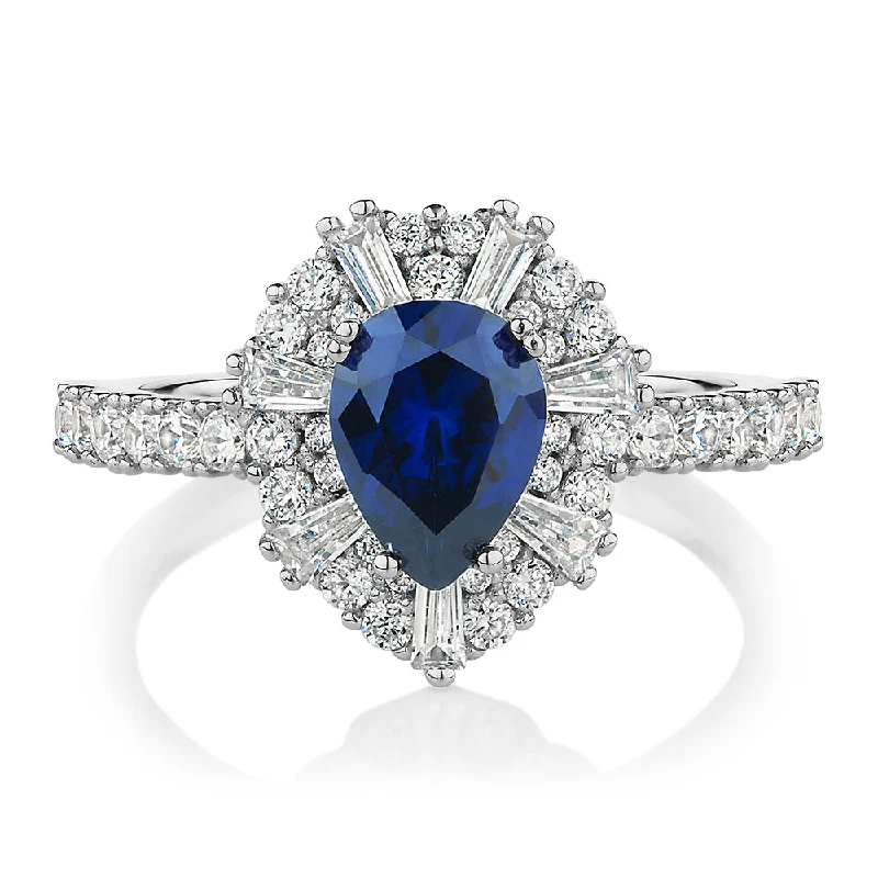 Women’s diamond solitaire rings-Dress ring with sapphire simulant and 0.86 carats* of diamond simulants in sterling silver