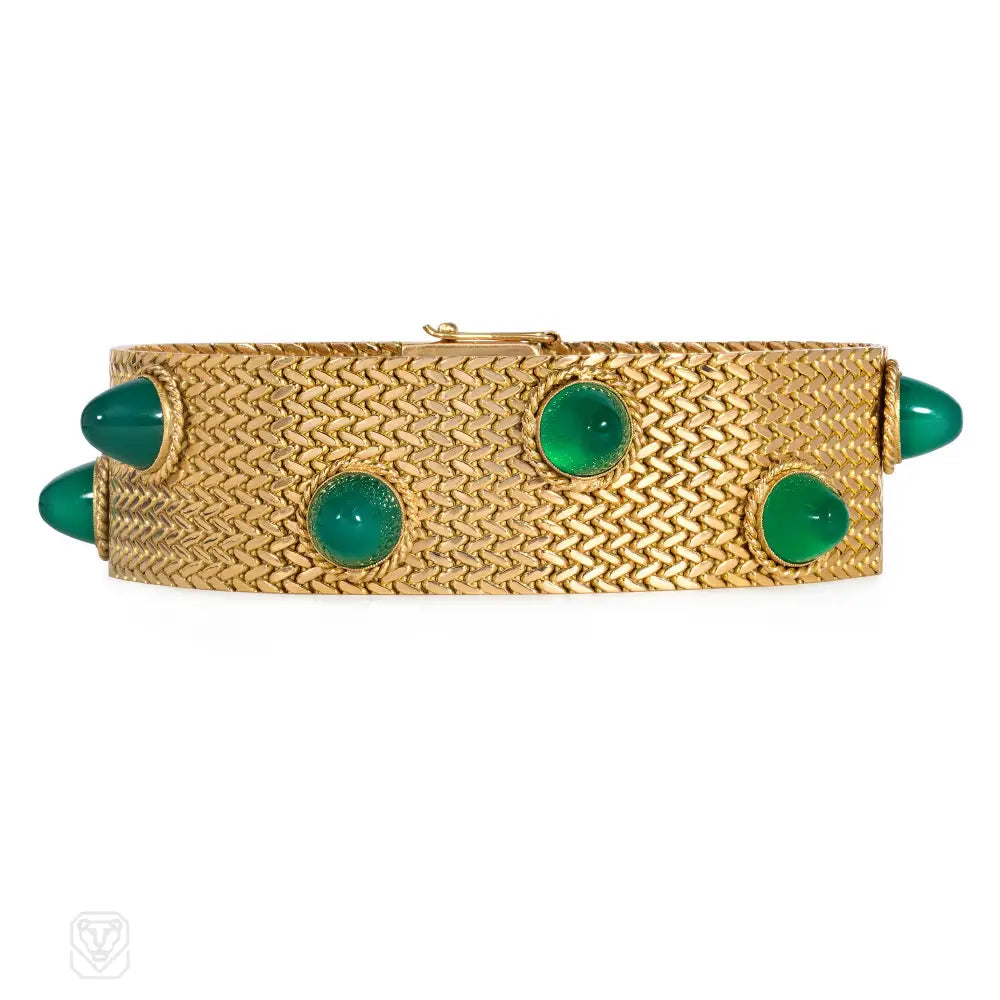 Women’s colorful bangle-Estate woven gold and chrysoprase stud bracelet