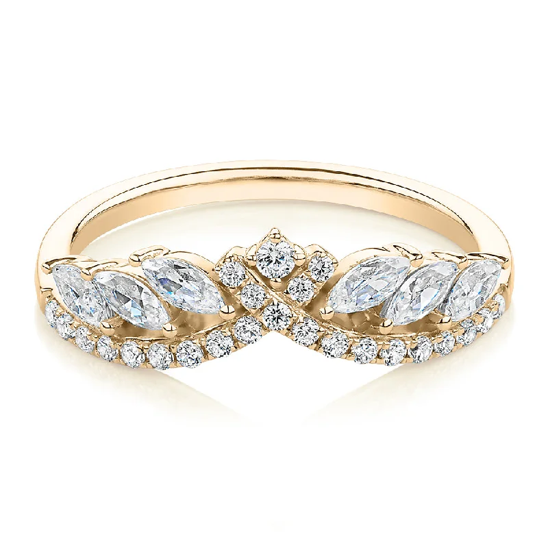 Women’s wedding rings-Marquise curved wedding or eternity band with 0.76 carats* of diamond simulants in 10 carat yellow gold