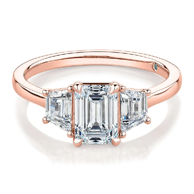 Women’s custom-made rings-Premium Certified Lab-Grown Diamond, 1.87 carat TW emerald cut three stone ring in 14 carat rose gold