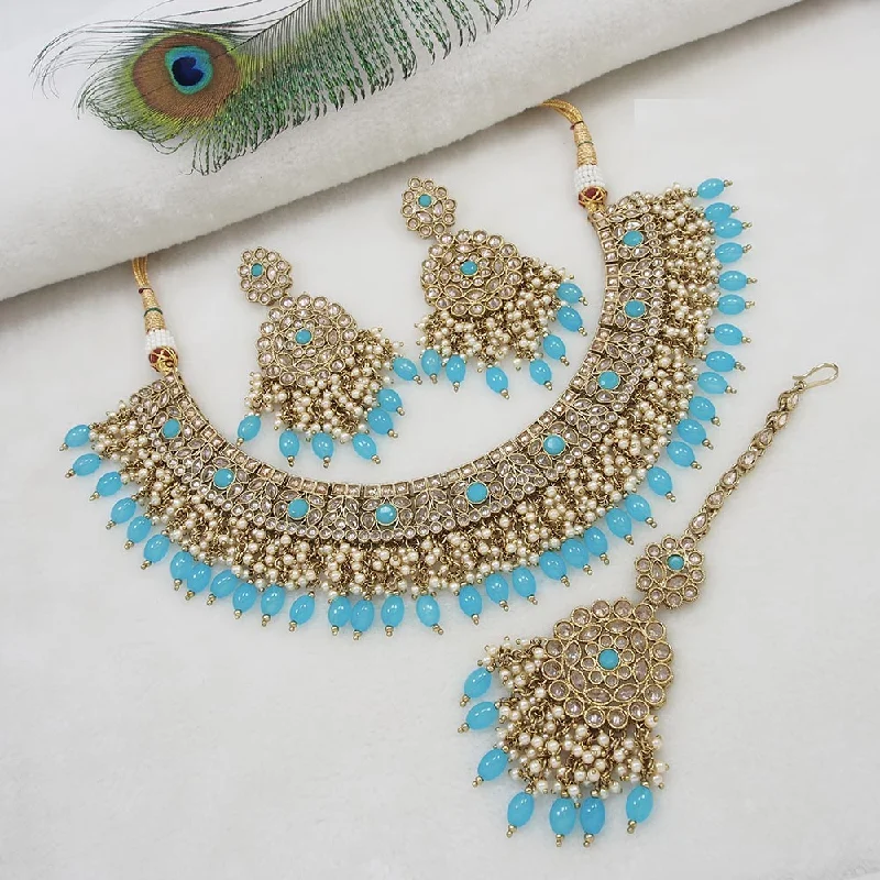 Women’s vintage gold necklaces-Mangalmani Jewels Gold Plated Crystal Stone Pearl And Beads Necklace Set