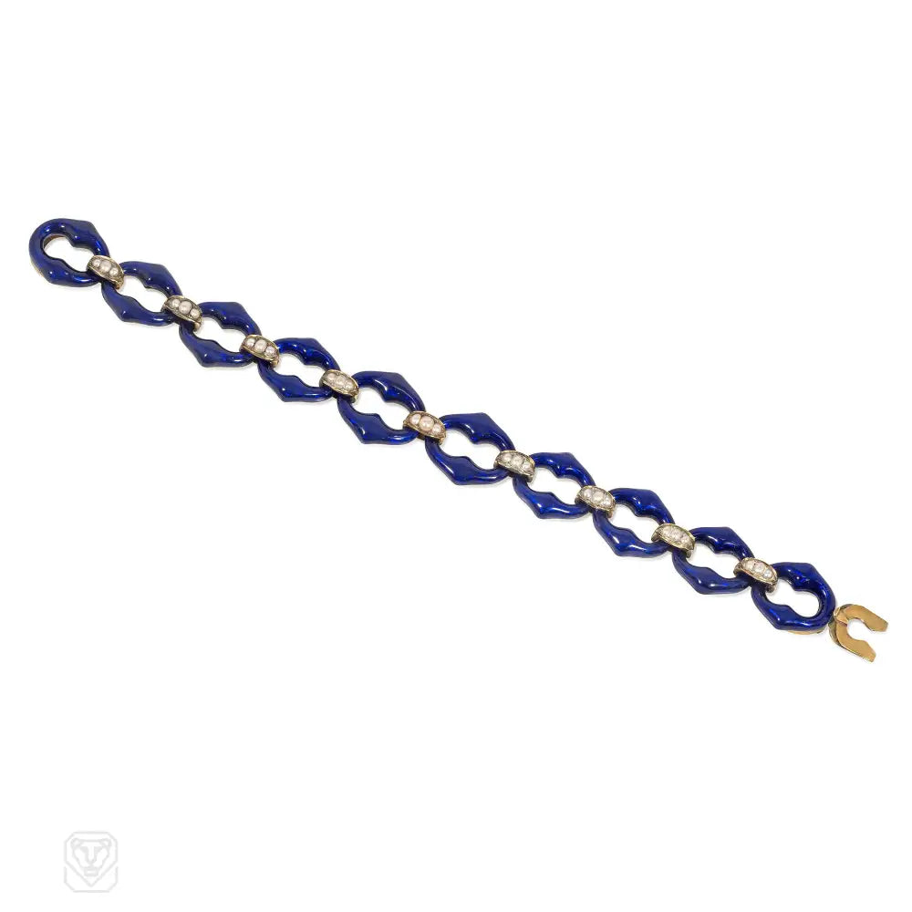 Women’s mixed metal bracelet-Victorian blue enamel and pearl link bracelet