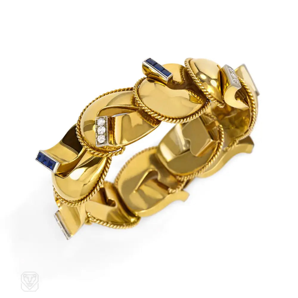 Women’s thick bangle-Retro gold, sapphire and diamond horseshoe bracelet