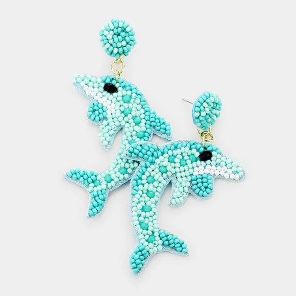 Women’s dangly earrings-Beaded Earrings, Aqua Dolphins