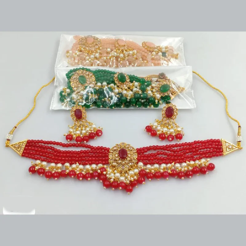 Women’s gold heart necklaces-Rani Sati Jewels Gold Plated Crystal Stone Pota And Pearls Choker Necklace Set