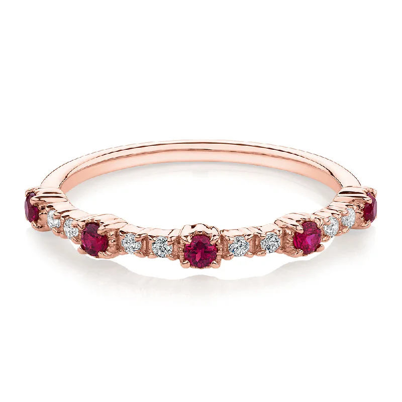 Women’s custom-made rings-Wedding or eternity band with ruby and diamond simulants in 10 carat rose gold