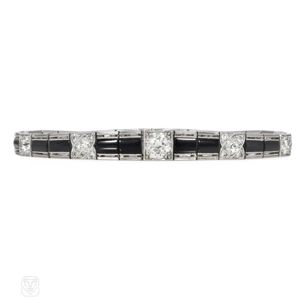 Women’s personalized bracelet-Art Deco diamond and onyx line bracelet