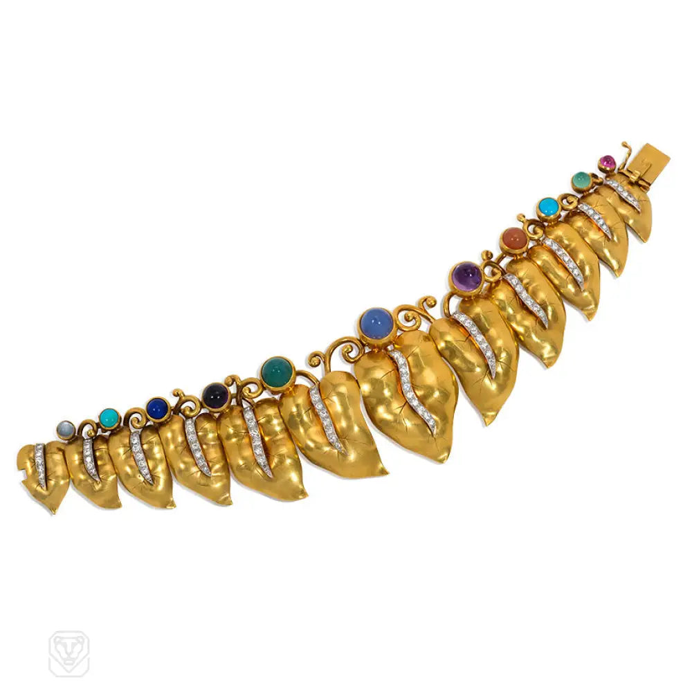 Women’s stacked bangles-Retro gold and multistone leaf bracelet