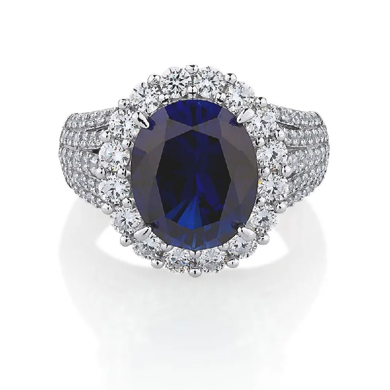 Women’s classic rings-Dress ring with sapphire simulant and 1.83 carats* of diamond simulants in sterling silver