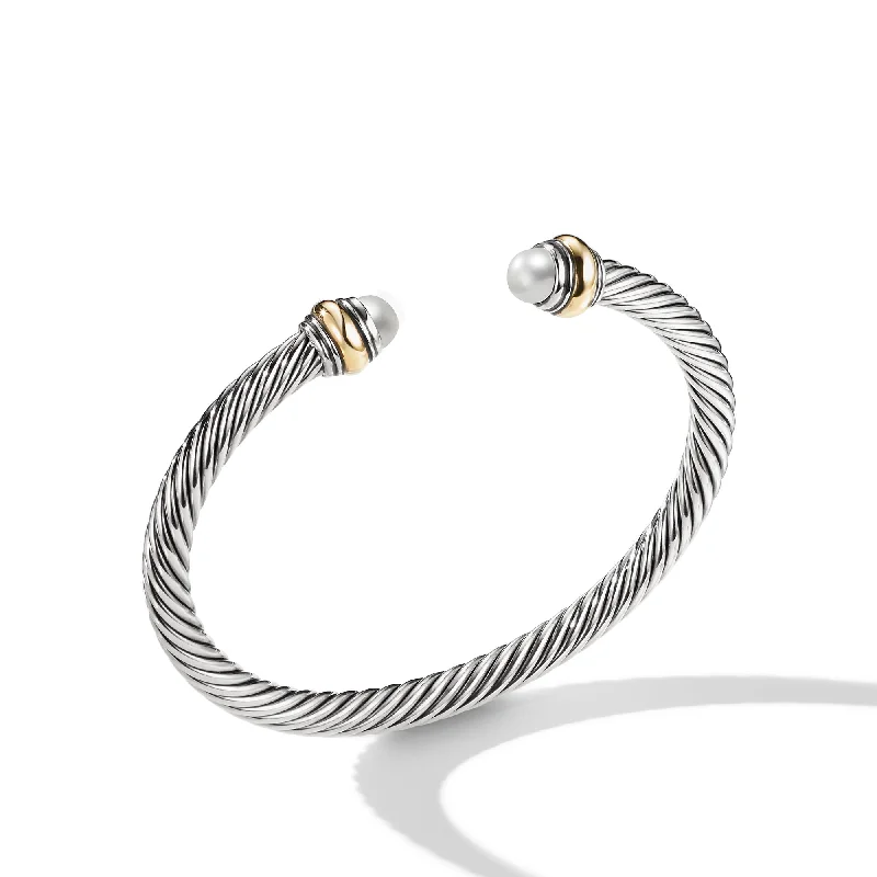 Women’s minimalist bracelet-Classic Cable Bracelet in Sterling Silver with 14K Yellow Gold and Pearls\, 5mm