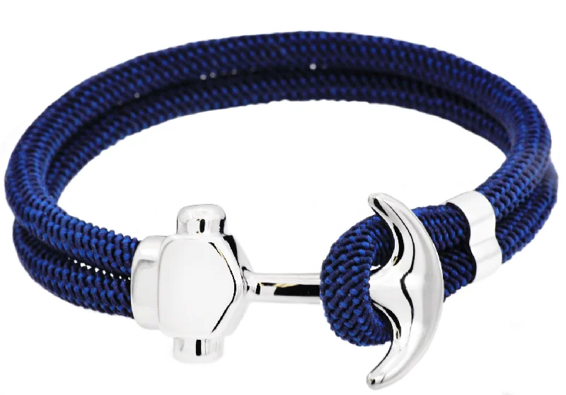 Women’s elegant cuff bracelet-Mens Navy Twisted Cotton Rope Stainless Steel Anchor Bracelet