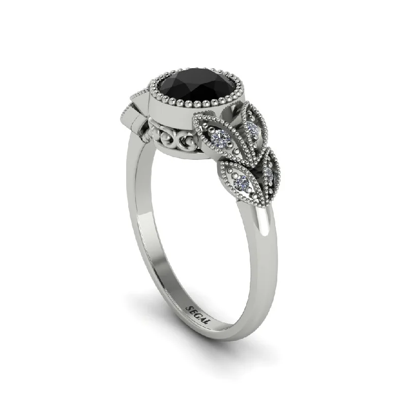 Women’s diamond solitaire ring-Art Deco Black Diamond Leaves Engagement Rings - Thalia No. 9