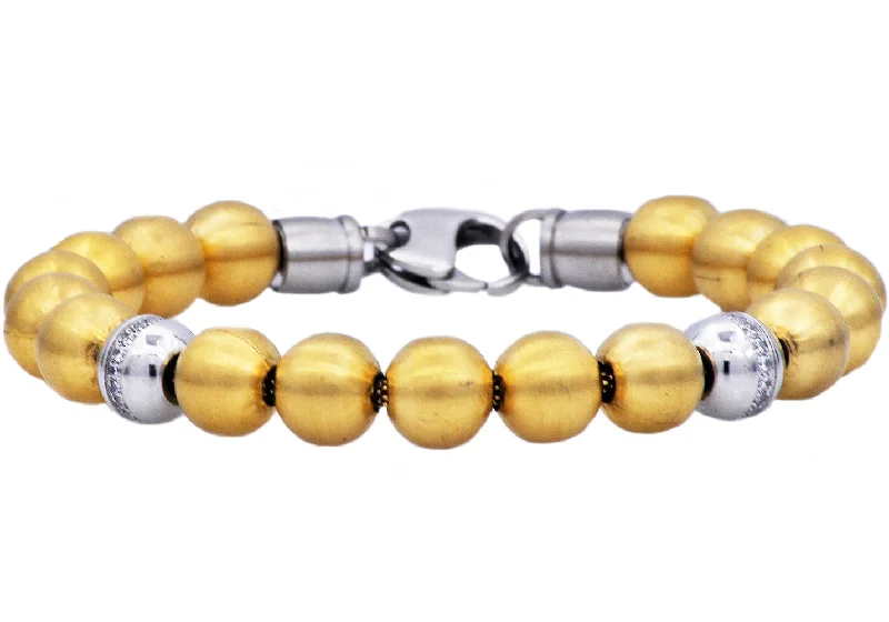 Women’s vintage bangle-Mens Gold Stainless Steel Bead Bracelet With Cubic Zirconia