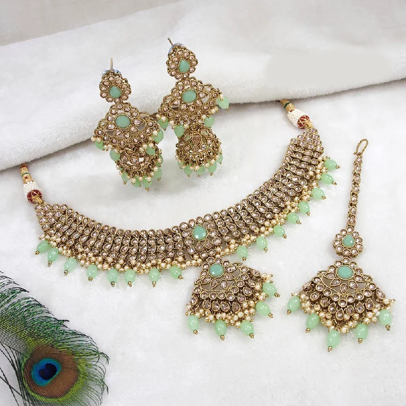 Women’s designer gold necklaces-Mangalmani Jewels Gold Plated Crystal Stone Pearl And Beads Necklace Set