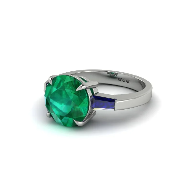 Women’s square diamond ring-3 Stone Round Cut Emerald With 2 Baguettes Engagement Ring - Gwendolyn No. 66