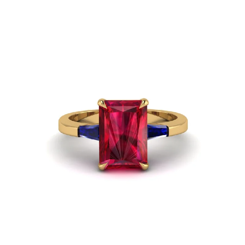 Women’s gold engagement ring-Three Stone Radiant Cut Ruby Engagement Ring - Hillary No. 70