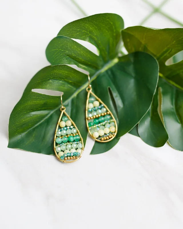 Women’s gemstone drop earrings-Green Beaded Teardrop Earrings