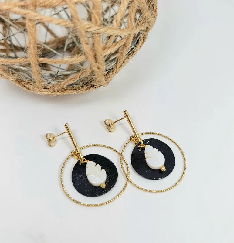 Women’s art-deco stud earrings-Black Shell and Leaf Earrings