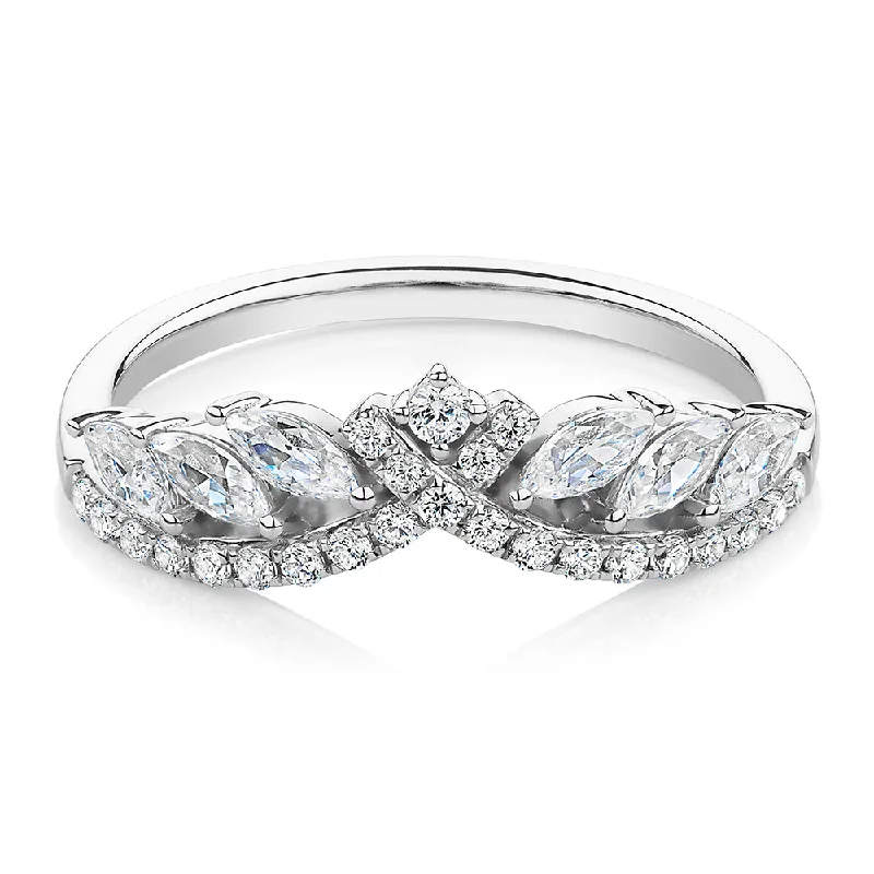 Women’s engagement rings-Marquise curved wedding or eternity band with 0.76 carats* of diamond simulants in 10 carat white gold