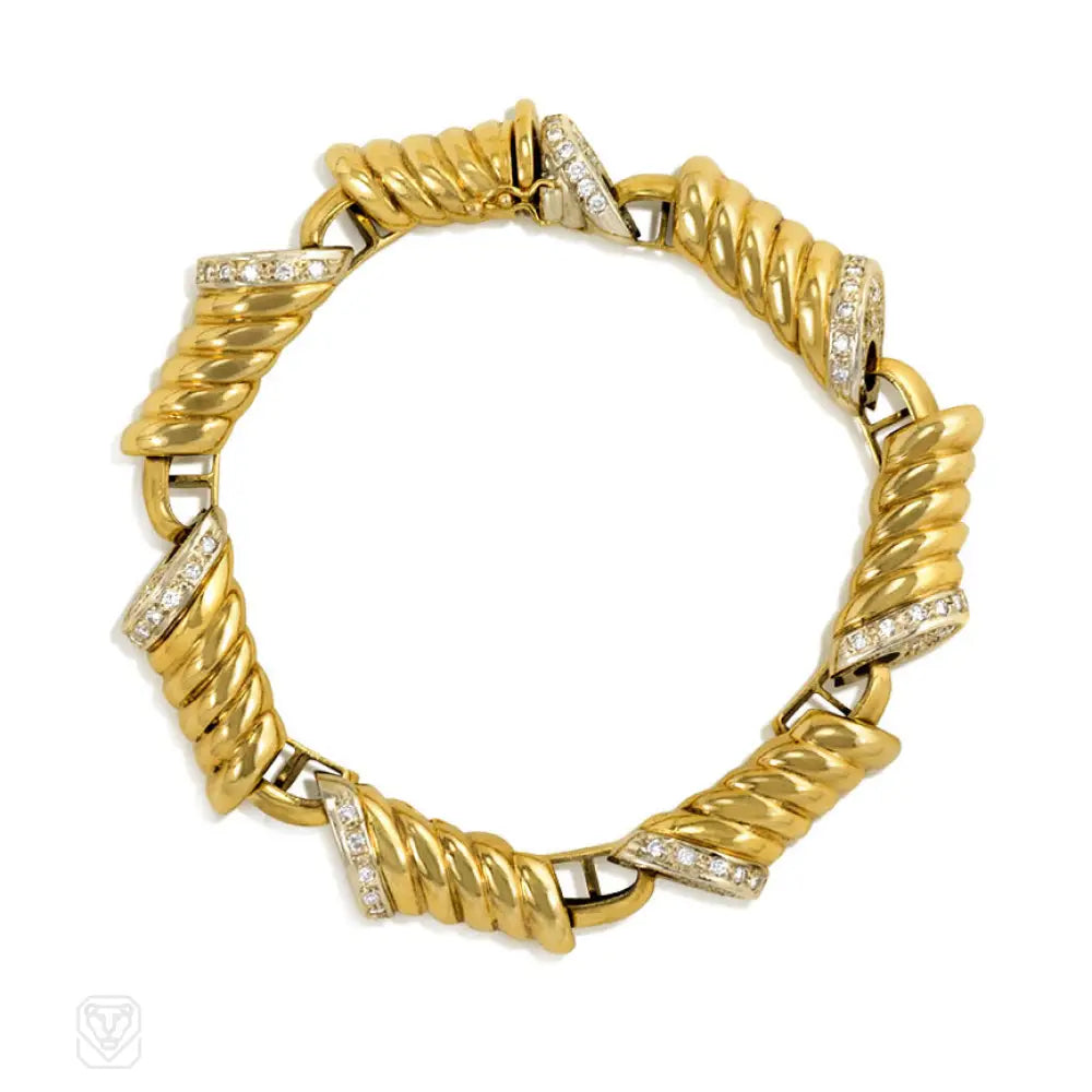 Women’s bridal bracelet-Italian 1970s gold and diamond oblong ribbed link bracelet