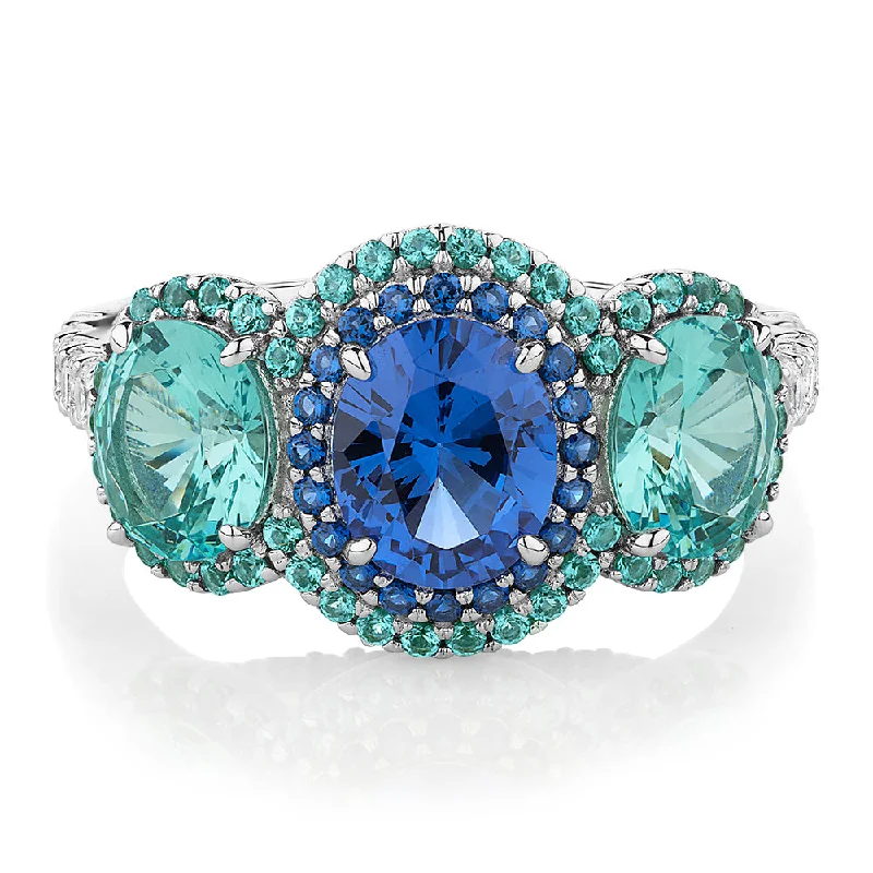 Women’s twist rings-Dress ring with ocean blue and green simulants and 0.40 carats* of diamond simulants in sterling silver