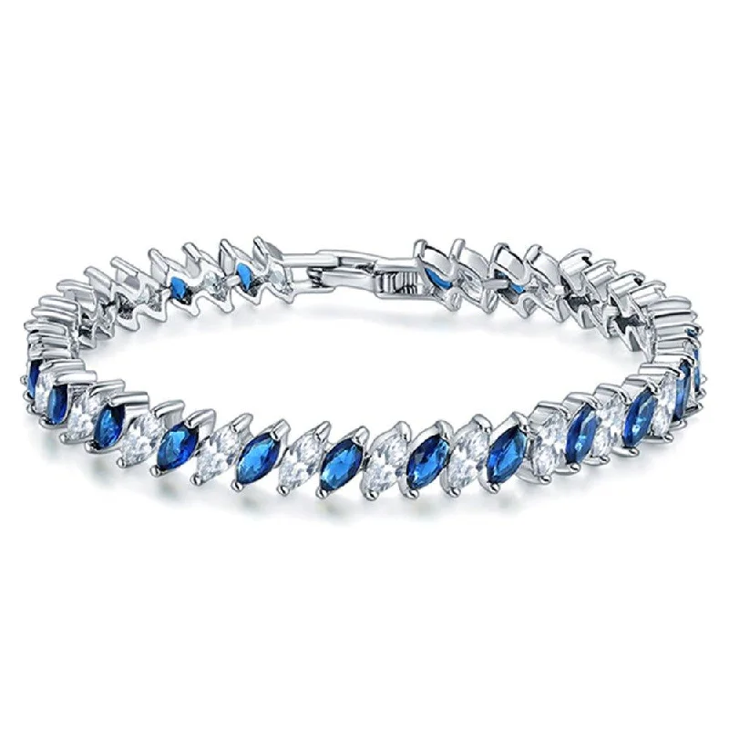 Women’s gemstone bangle-Cubic Zirconia Tennis Bracelet with Marquise Cut Sapphire and Clear AAA+ Cubic Zirconia