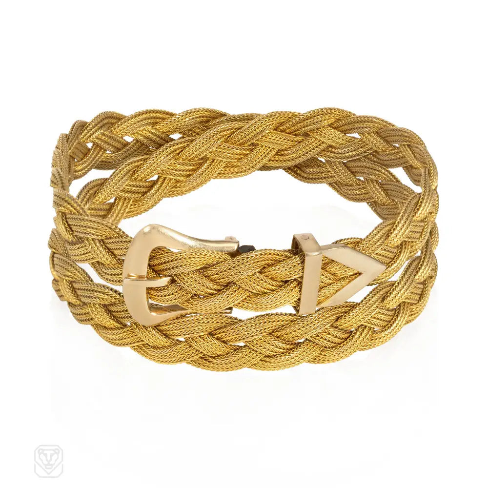 Women’s silver bangle-Mid-Century braided gold buckle bracelet, wearable as a choker