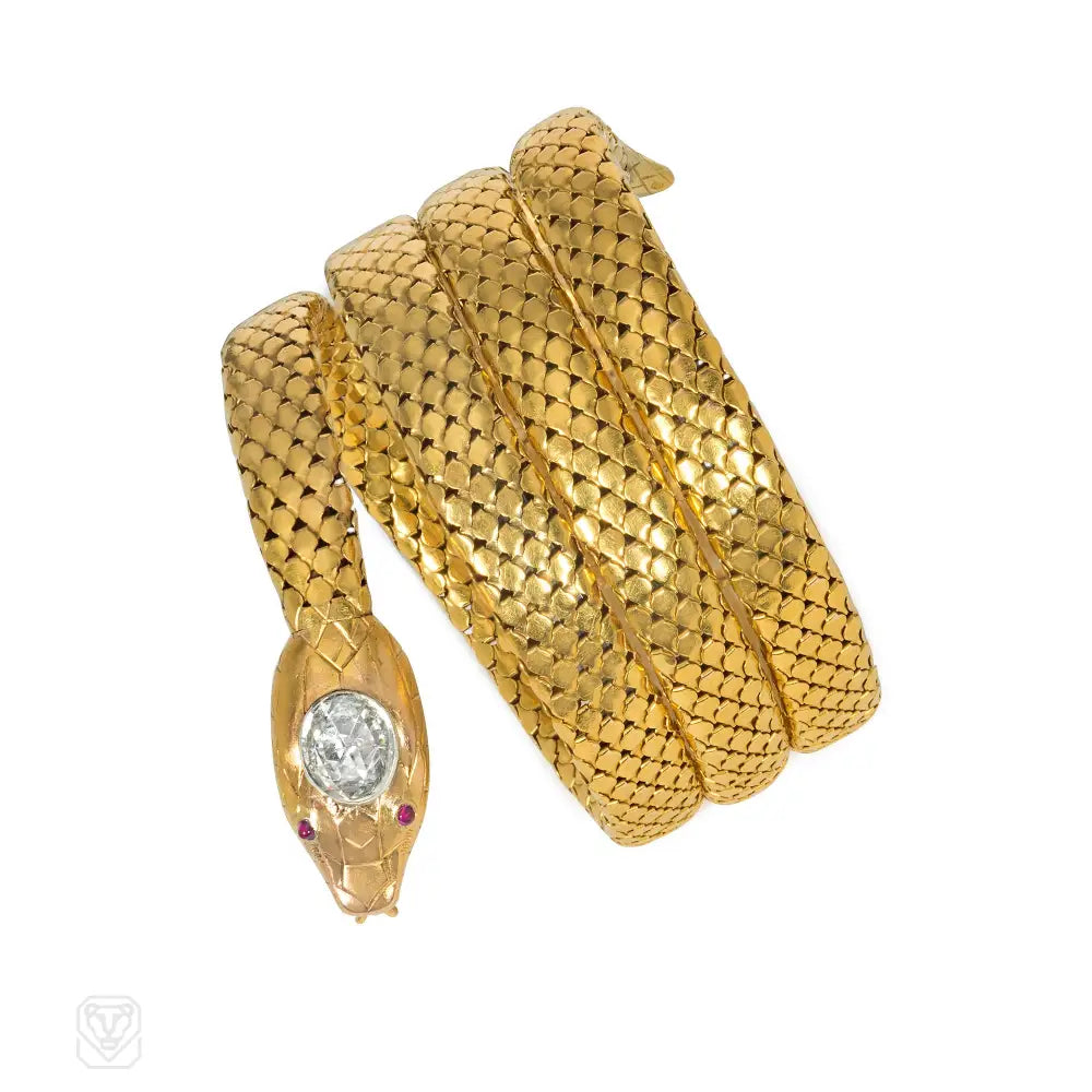 Women’s romantic bracelet-Antique French gold and diamond snake bracelet