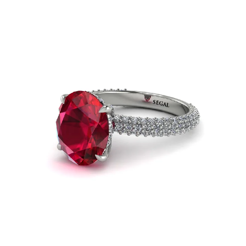 Women’s wedding band set-Oval Cut Ruby Classic Pave Engagement Ring - Irene No. 12