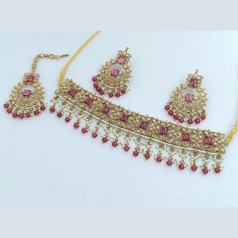 Women’s diamond necklaces-Rajwadi Collection Gold Plated Crystal Stone Pearl And Beads Choker Necklace Set