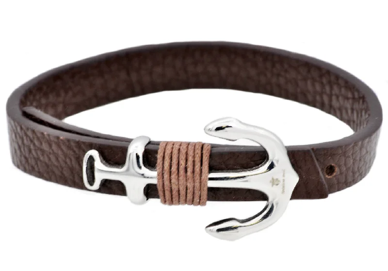 Women’s eco-friendly bracelet-Mens Brown Leather Stainless Steel Anchor Bracelet With Adjustable Strap