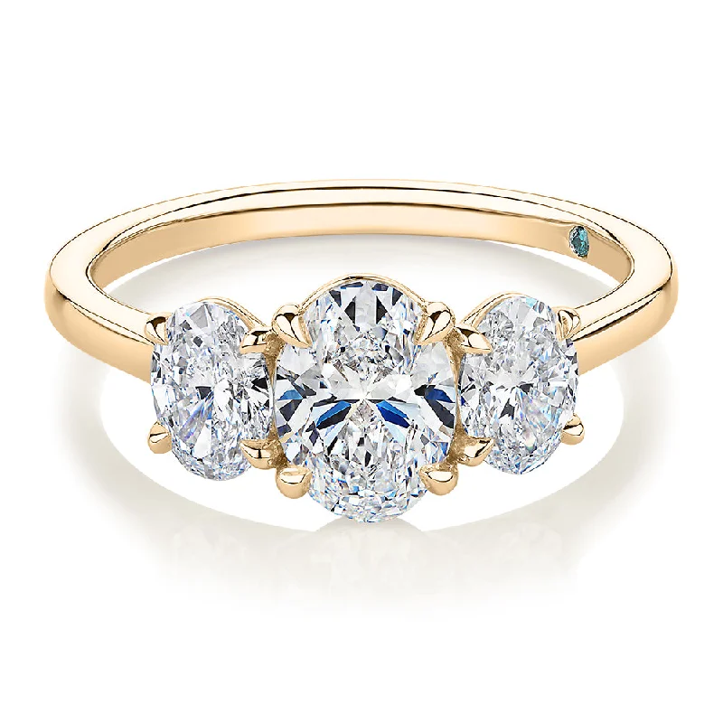 Women’s custom rings-Premium Certified Lab-Grown Diamond, 1.87 carat TW oval three stone ring in 18 carat yellow gold