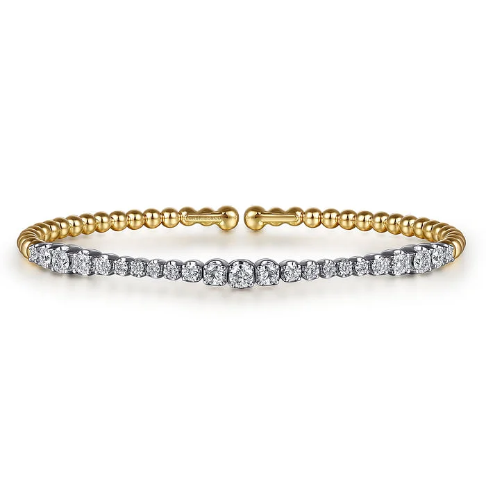 Women’s wedding bangle-14K White Yellow Gold Bujukan Beads and Graduating Diamond Split Bangle Bracelet