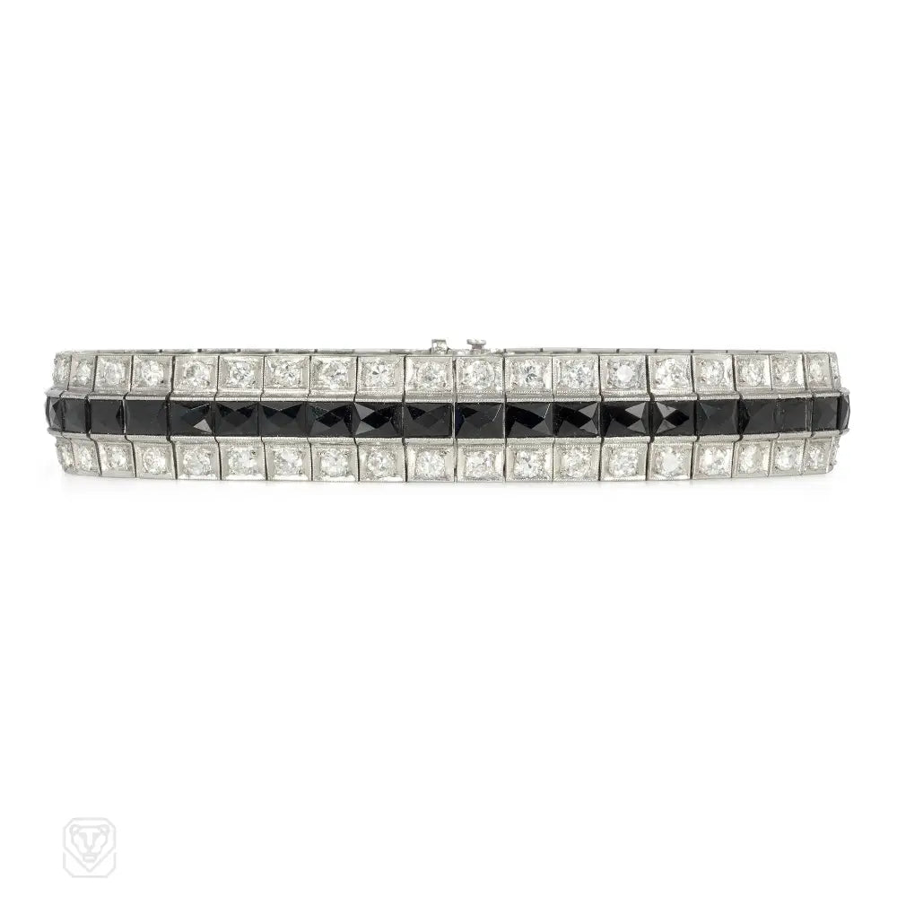 Women’s gold bracelet-Art Deco diamond and onyx three row line bracelet