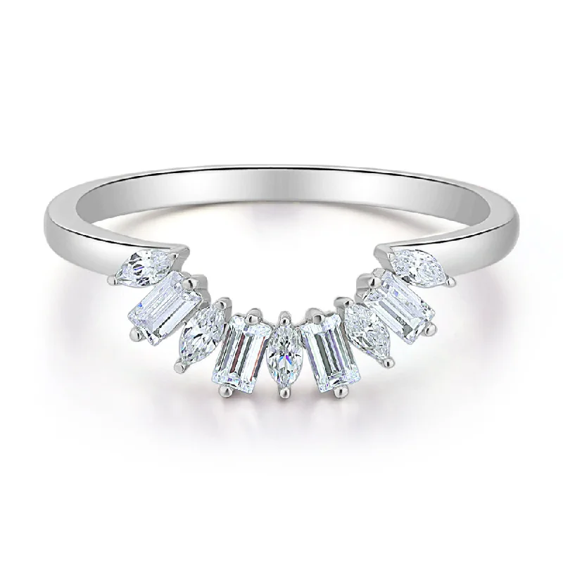 Women’s bridal rings-Baguette curved wedding or eternity band with 0.45 carats* of diamond simulants in 10 carat white gold