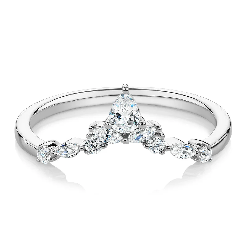 Women’s diamond solitaire rings-Pear curved wedding or eternity band with 0.37 carats* of diamond simulants in 10 carat white gold