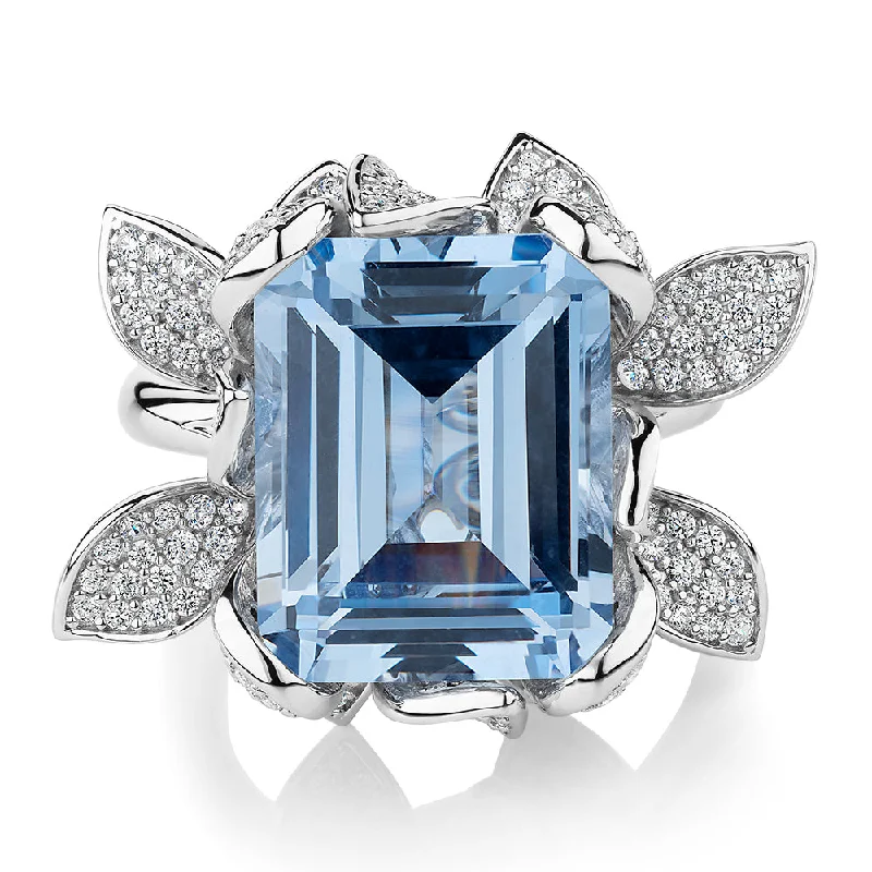 Women’s statement rings-Dress ring with aquamarine simulant and 1.74 carats* of diamond simulants in sterling silver