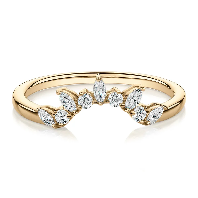 Women’s cocktail rings-Marquise and Round Brilliant curved wedding or eternity band with 0.23 carats* of diamond simulants in 10 carat yellow gold