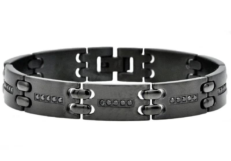 Women’s luxury bracelet-Mens Black Stainless Steel Bracelet With Black Cubic Zirconia