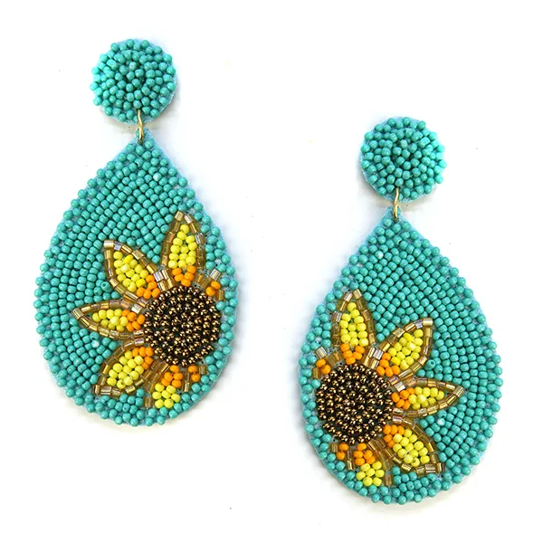 Women’s geometric drop earrings-Beaded Earrings, Teal Sunflowers