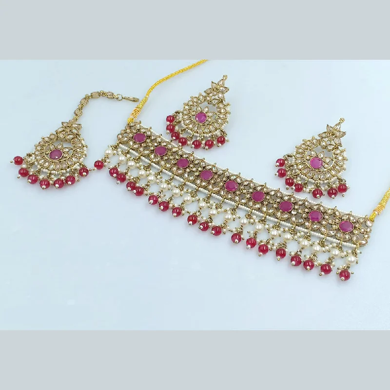 Women’s vintage necklaces-Rajwadi Collection Gold Plated Crystal Stone Pearl And Beads Choker Necklace Set